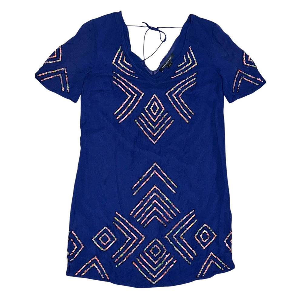 French Connection Dress Blue Neon Rainbow Sequin Semi Sheer Shift Sz 6 Raw Edge‎